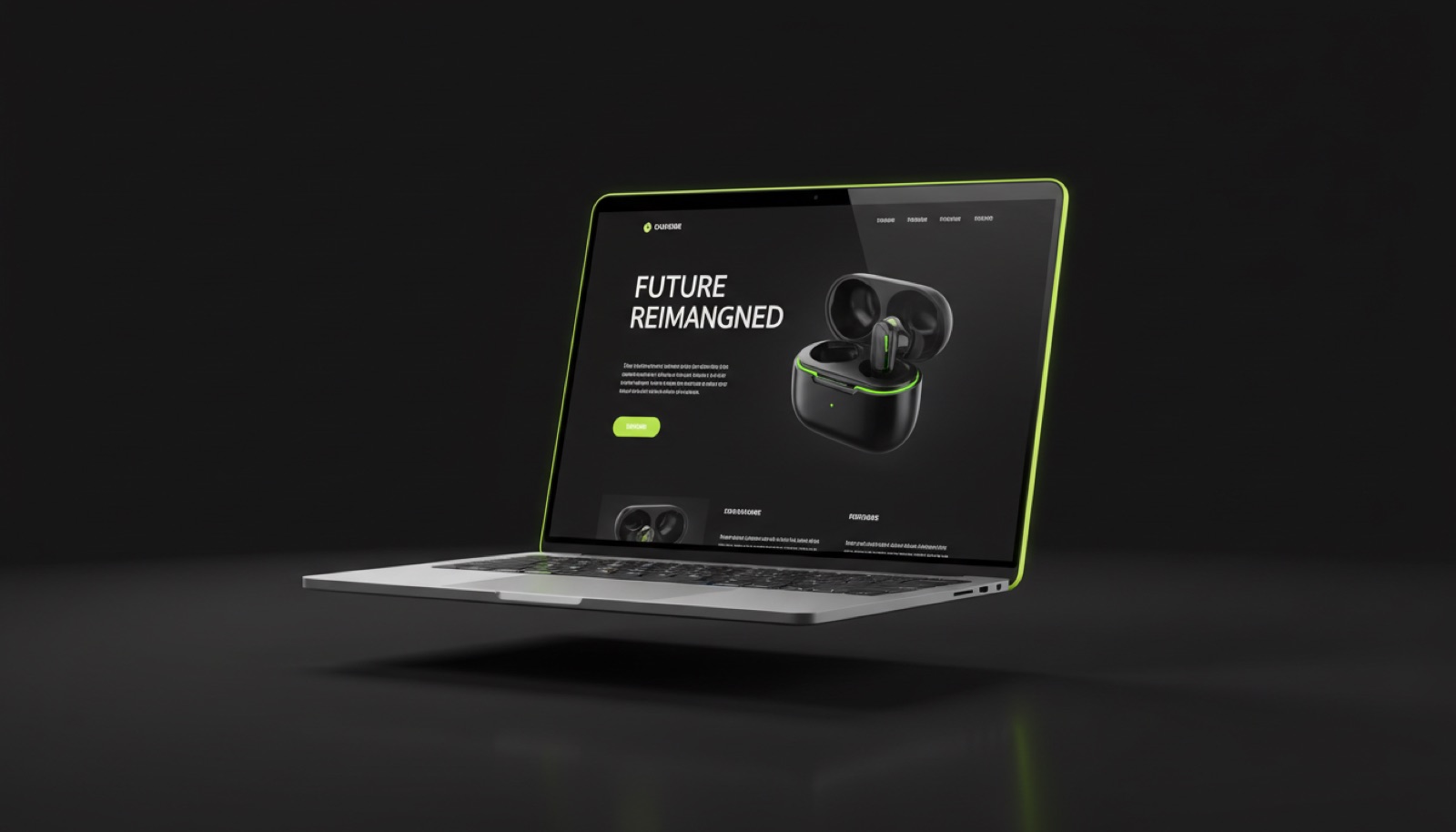 Dark minimalist product landing page shown on a laptop with a lime accent button
