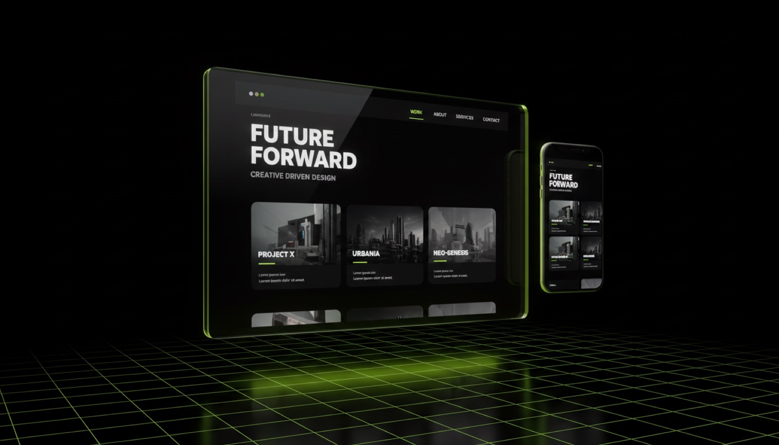 Dark editorial portfolio website shown on a tablet and phone with an acid-lime accent