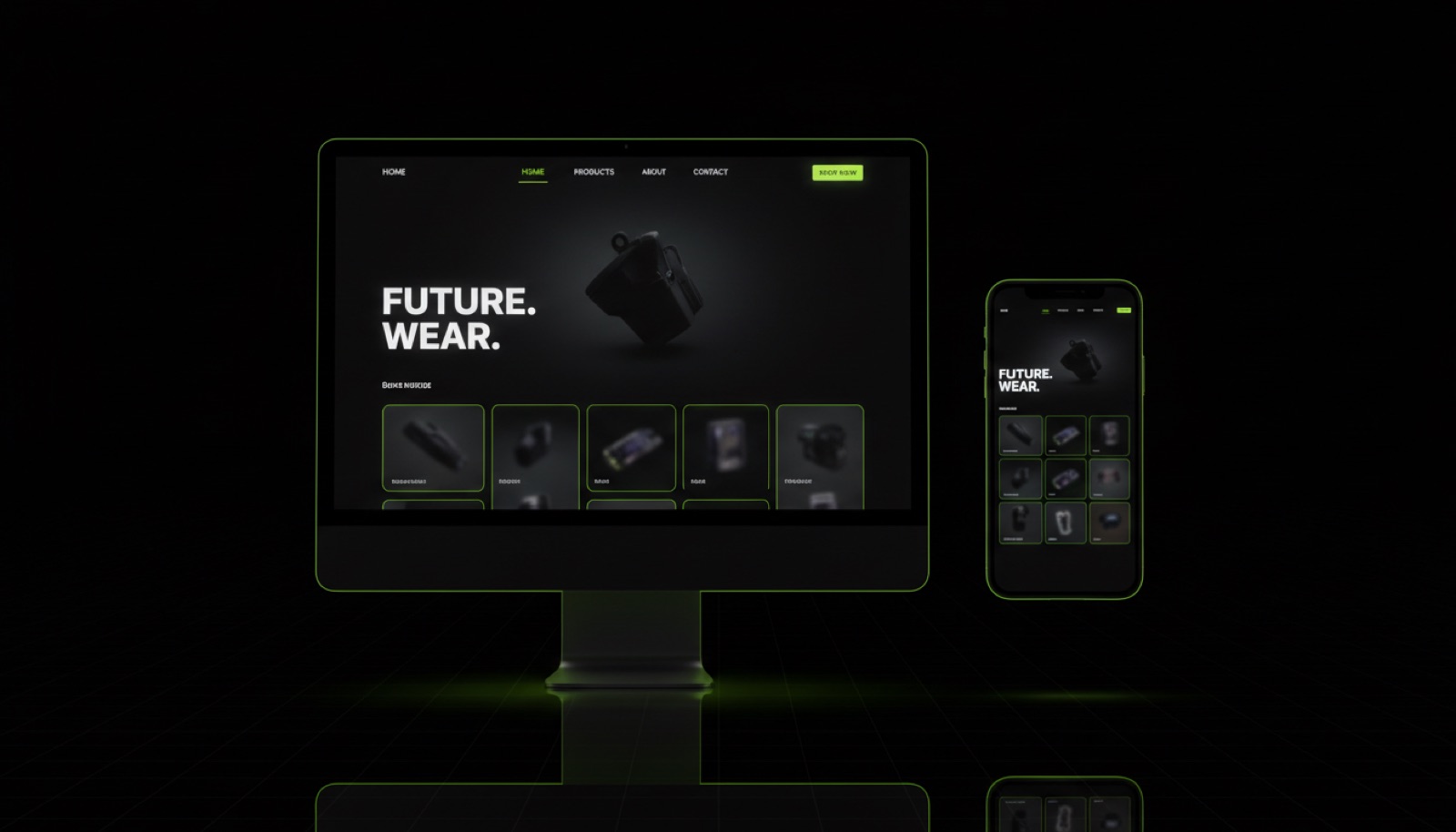 Dark e-commerce storefront shown on a desktop monitor and phone with lime accents